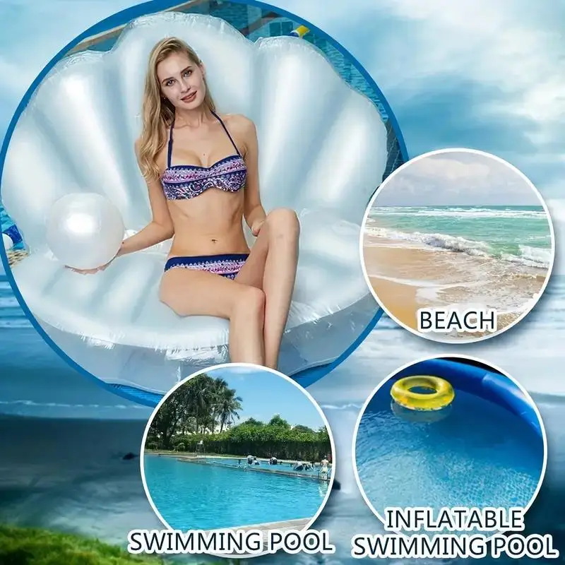 Flutuador de piscina de concha de PVC branco em forma de concha inflável, flatie de molusco gigante explodir com bola de pérola, passeio flutuante de piscina de concha