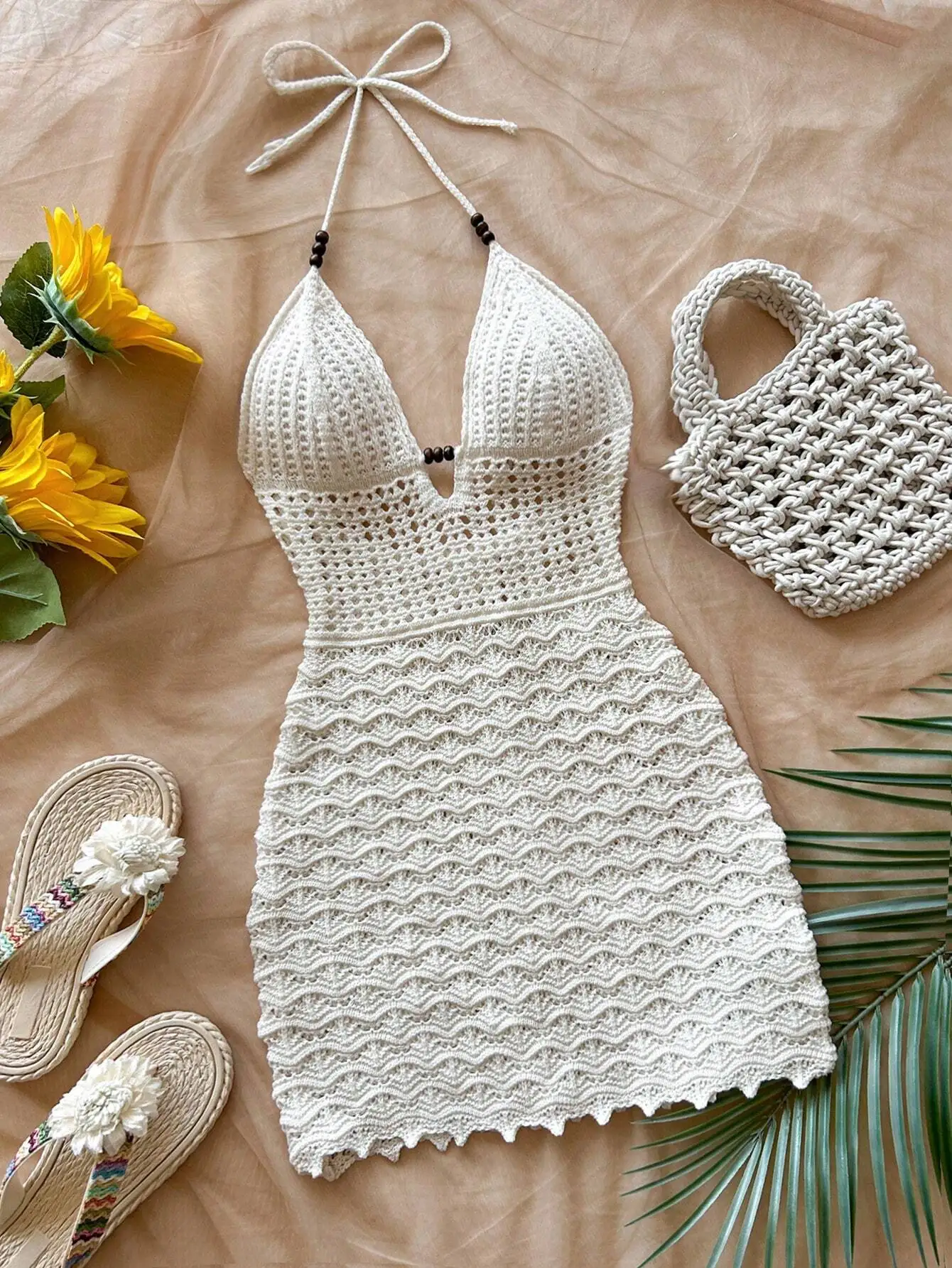 Soleia verão sexy decote em v oco contas de madeira vestido ajustado, férias cinta de espaguete sem costas ombre vestido de malha, adequado