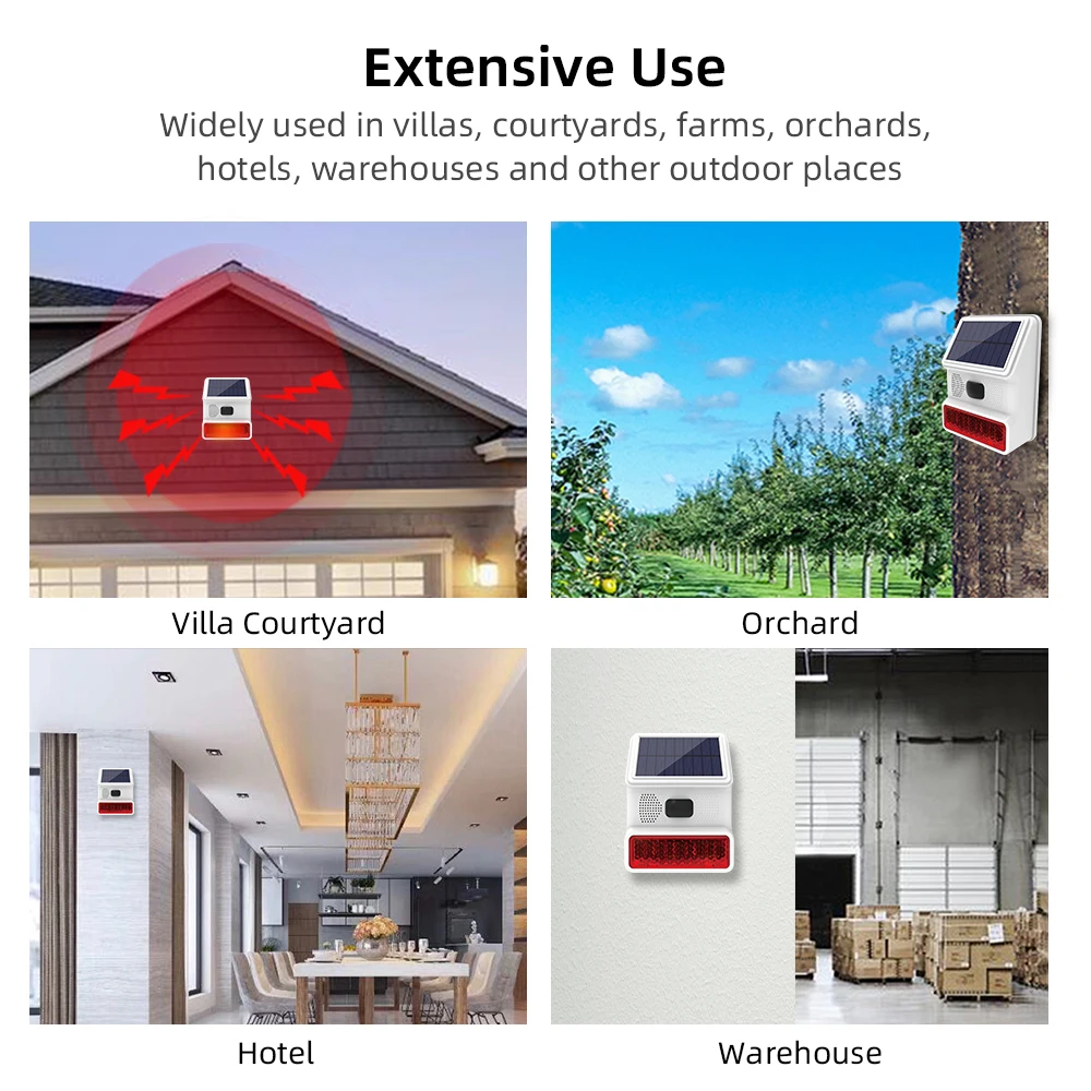 433MHz ソーラー屋外防水サイレン LED 点滅ライト機能付き家庭用ガレージ小屋警報システムとして