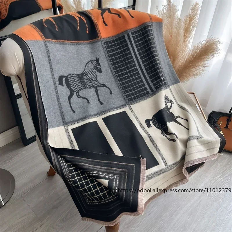 Poncho cálido de lujo de Cachemira para mujer, Bufanda con estampado de caballo, chal, manta de Pashmina gruesa para mujer, Bufanda de viaje 2024