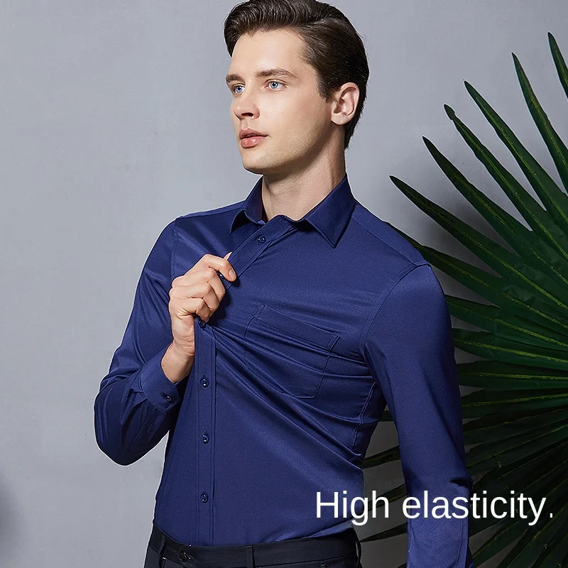 Camisa elástica de manga larga para hombre, vestido de negocios sin planchar, traje de trabajo profesional, camisa con cuello levantado, camisas para hombre
