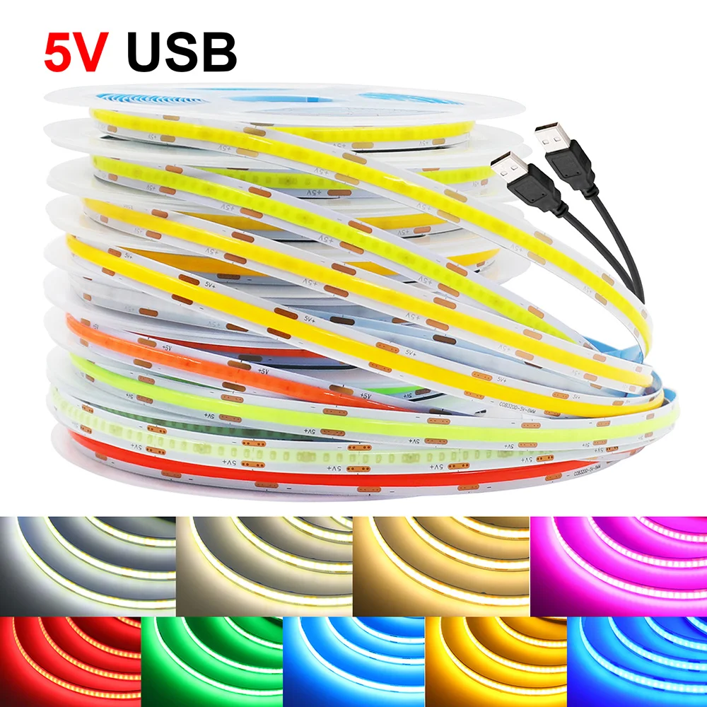 Tira de luces LED COB USB de 5V, cinta Flexible de 320 LED, PCB de 8mm, blanco/rojo/verde/rosa/azul hielo/amarillo, lámpara de noche, retroiluminación de TV