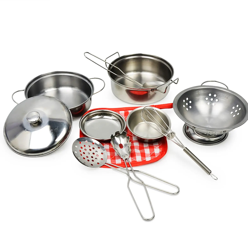 Cozinha fingir jogar acessórios brinquedos com panelas de aço inoxidável panelas e frigideiras conjunto, utensílios de cozinha, presentes ferramenta de aprendizagem