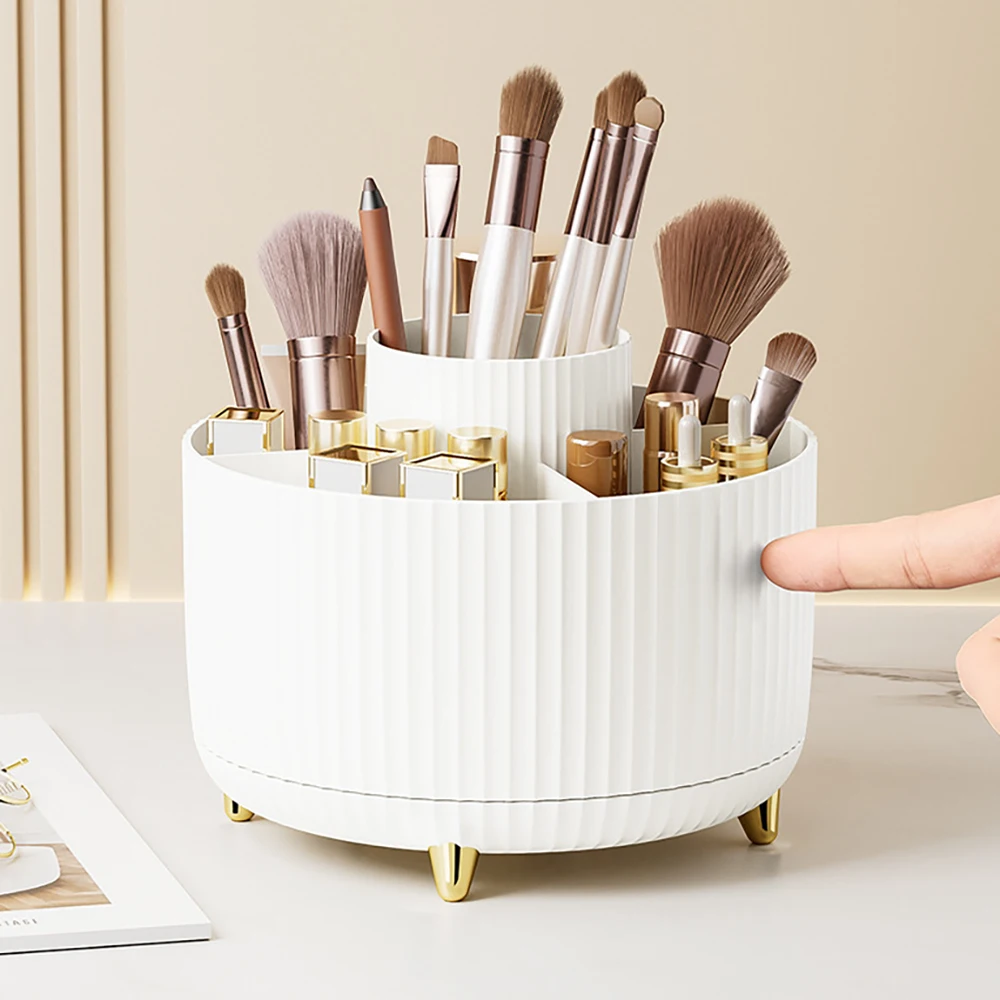 Caja de almacenamiento de maquillaje giratoria 360, organizador de gran capacidad para baño, portátil, lápiz labial, pincel de maquillaje, portalápices