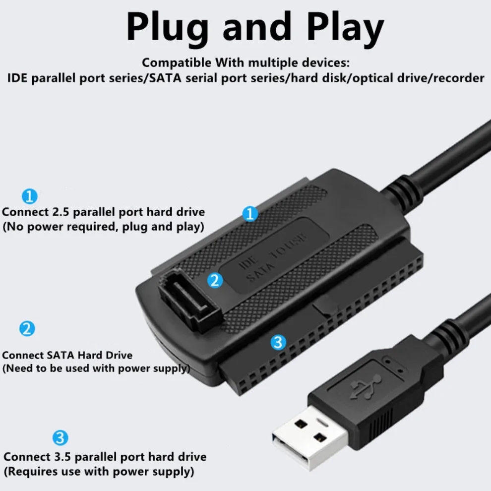 3 in 1 IDE SATA to USB Adapter Cable USB to SATA IDE Converter for 2.5 3.5 Inch SSD HDD with AC Adapter Support Windows MAC OS