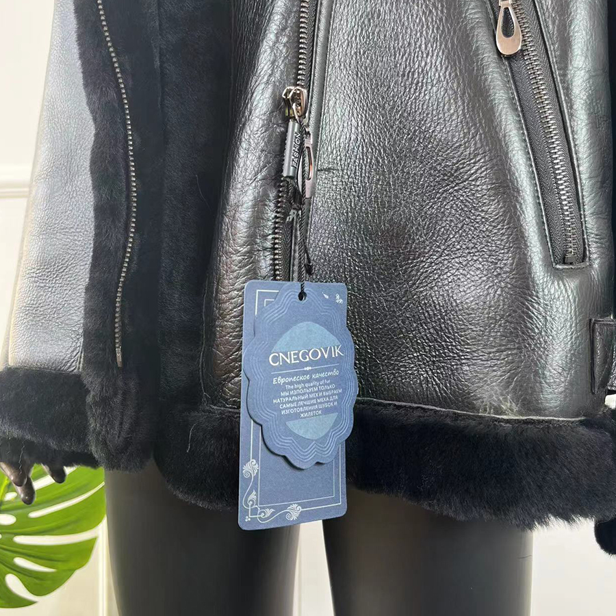 CNEGOVIK-Casaco de pele de carneiro real para mulheres, casaco de pele preto com lapela, nova moda