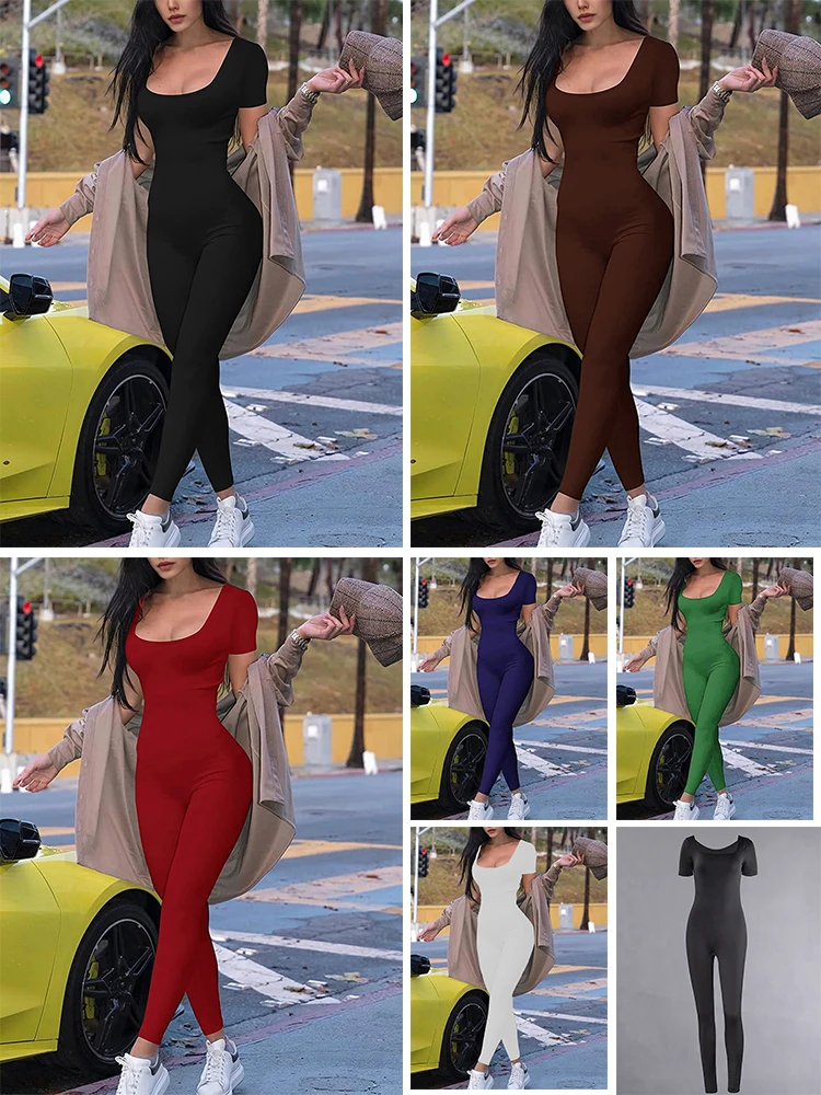 2025, Frühjahr und Sommer, neuer Damen-Overall mit kurzen Ärmeln, einfarbig, enger Overall, Mode, Sport, Fitness, Freizeit, Straßenoverall