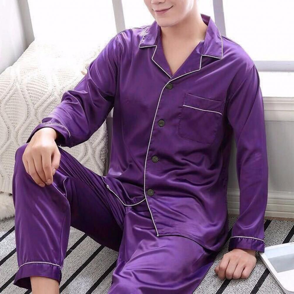 1 Juego de pijamas cómodos para hombre, pijamas de seda helada para hombre, conjunto de pijamas con botones de ajuste relajado de Color sólido, ropa para el hogar