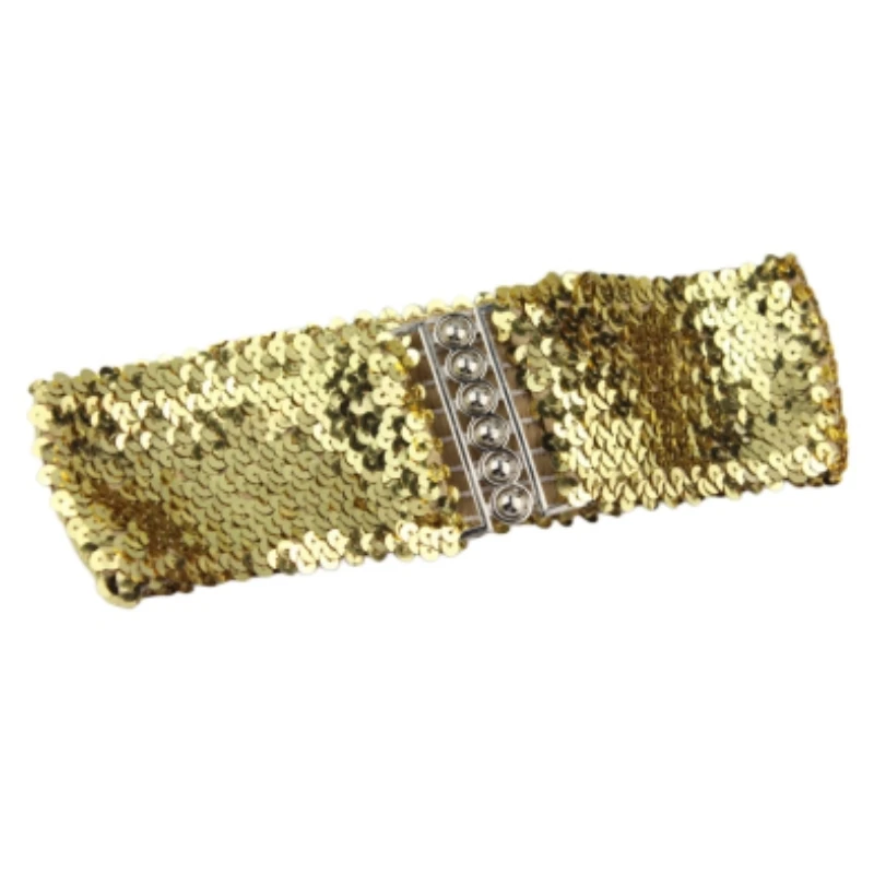 ทองเงินสีเข็มขัด Cool Punk Sparkling Sequins ยืดเข็มขัดกว้างผู้หญิงชุดเข็มขัดเอวเครื่องประดับอุปกรณ์เสริม