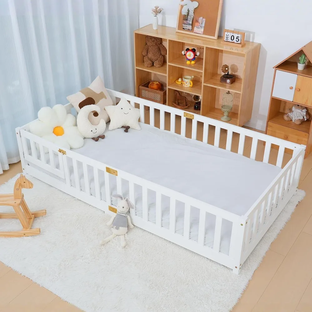 Twin Floor Bed for Kids-Twin Montessori Bed Frame with Wood Slats and Door and Slats,Wood Toddler Floor Beds for Girls and Slats