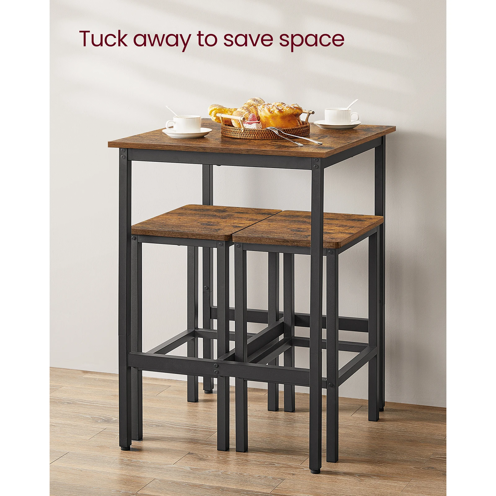 VASAGLE Bar Table and Chairs Set, Square Bar Table with 2 Bar Stools, Dining Pub Bar Table Set for 2, Space Saving for Kitchen