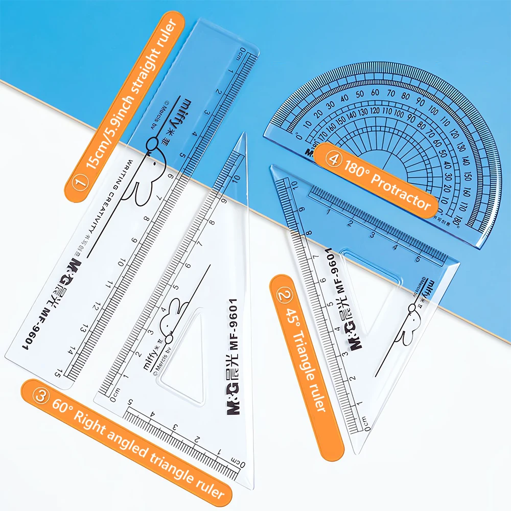 M&G Miffy Drawing Ruler Set 4pcs Measurement Ruler Triangular Ruler Protractor Exam Student Supplies Color Ramdom