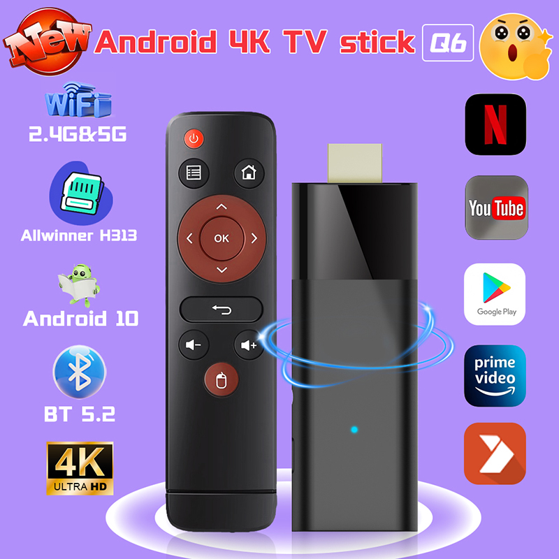 Q6 Android 10 TV Stick (Newest Model) Ultra Movies and Shows Streaming Live TV BT5.2 Dual Band WIFI 4K H313 Quad Core TV Stick