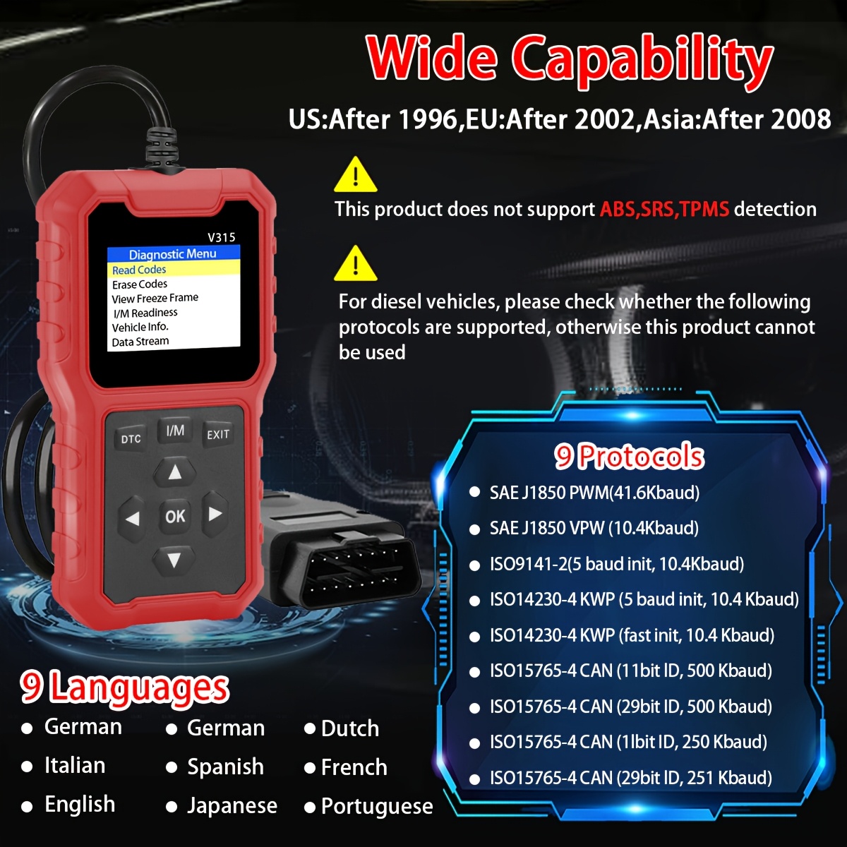 USB-aangedreven 2025 auto-OBD2-scanner - geavanceerd motordiagnosetool, met codelezer, meertalige ondersteuning, geschikt voor 1996