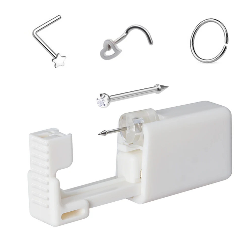 Kit de pistola de perforación de nariz auto desechable, tachuelas de anillo de nariz de repuesto de estrella y corazón, seguras, cómodas y efectivas