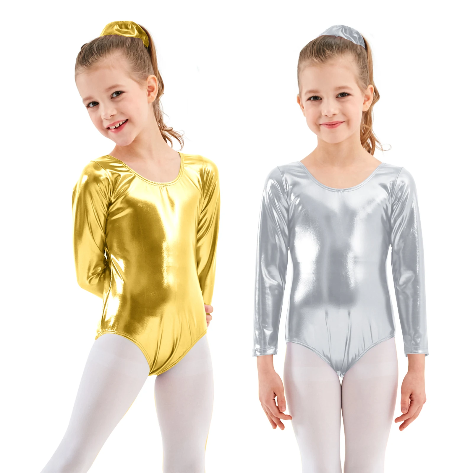 AOYLISEY バレエダンスシニーメタリックレオタード女の子体操ボディスーツ長袖ゴールドロンバースパンデックス衣装子供服