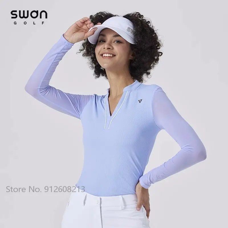 SG kaus Golf pendingin musim panas wanita, baju Golf lengan panjang Anti-uv, kaus kerah berdiri leher V untuk Olahraga