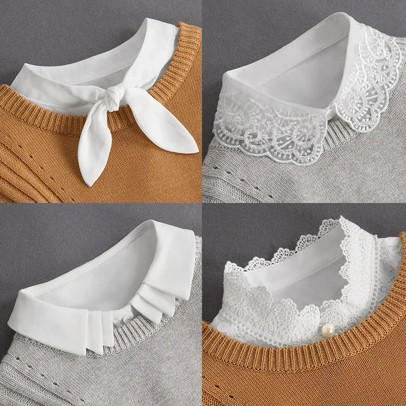 Faux col blanc avec cravate avant pour femmes, col détachable, Vintage, dentelle, faux col chemisier pour dames, 2022
