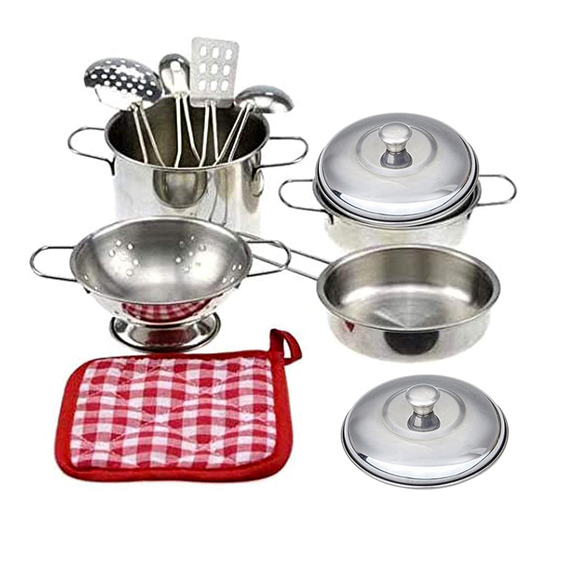 Gioca pentole e padelle giocattoli per bambini-set da gioco da cucina finta pentole Mini utensili da cucina in acciaio inossidabile giocattoli per lo sviluppo