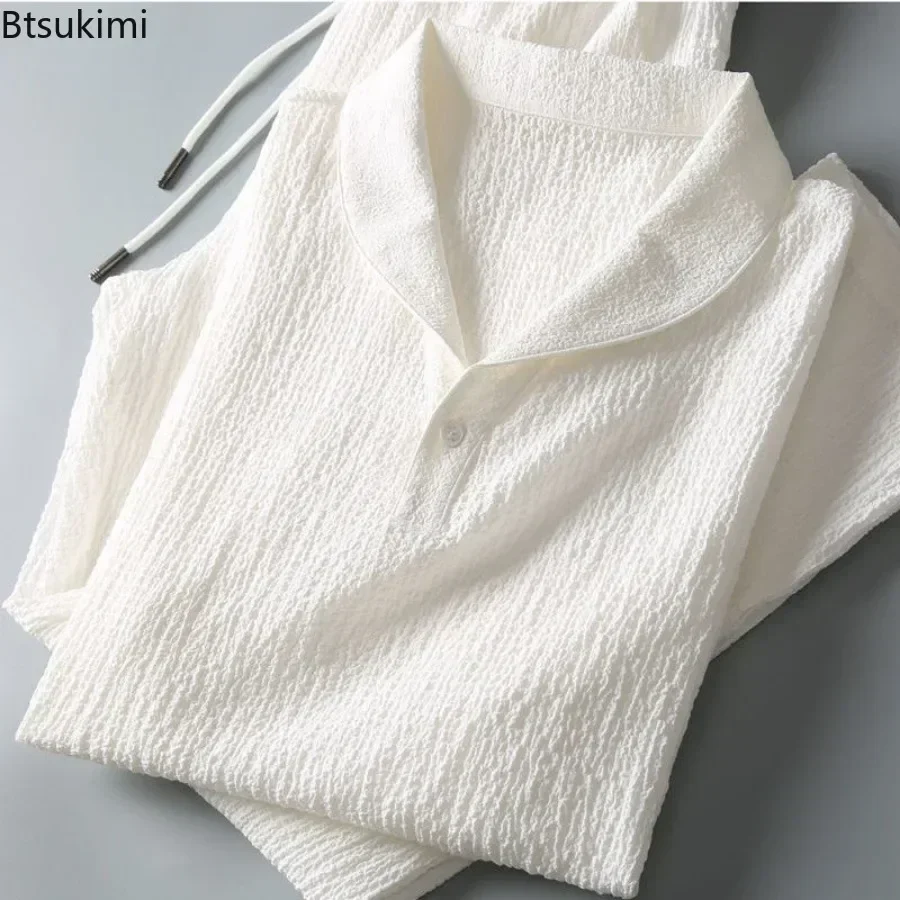 Conjuntos informales de estilo coreano para hombre, ropa de calle a la moda, Tops cómodos con solapa lisa y pantalones, traje para correr, chándal, verano 2025