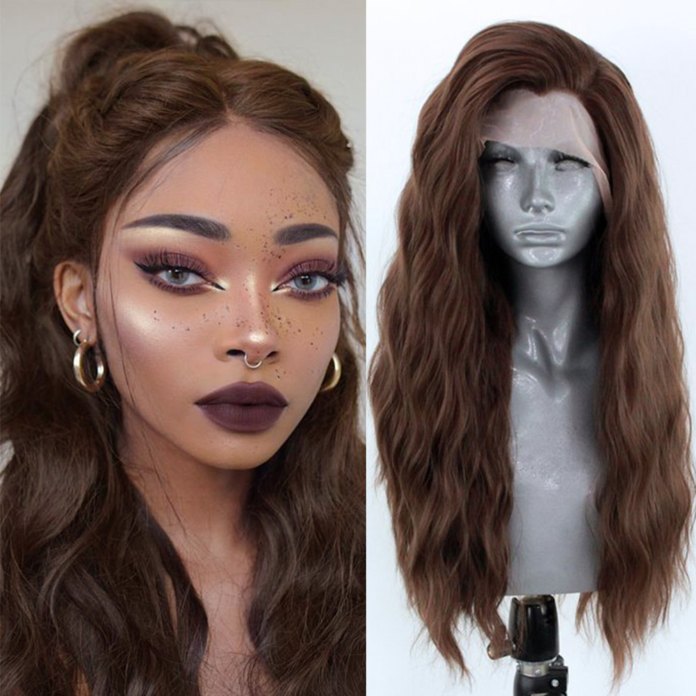 AIMEYA Lange gewellte synthetische Lace-Front-Perücke, synthetische braune Haarperücke, Spitzenperücken für Frauen, natürlicher Haaransatz, Cosplay-Frontal-Perücken