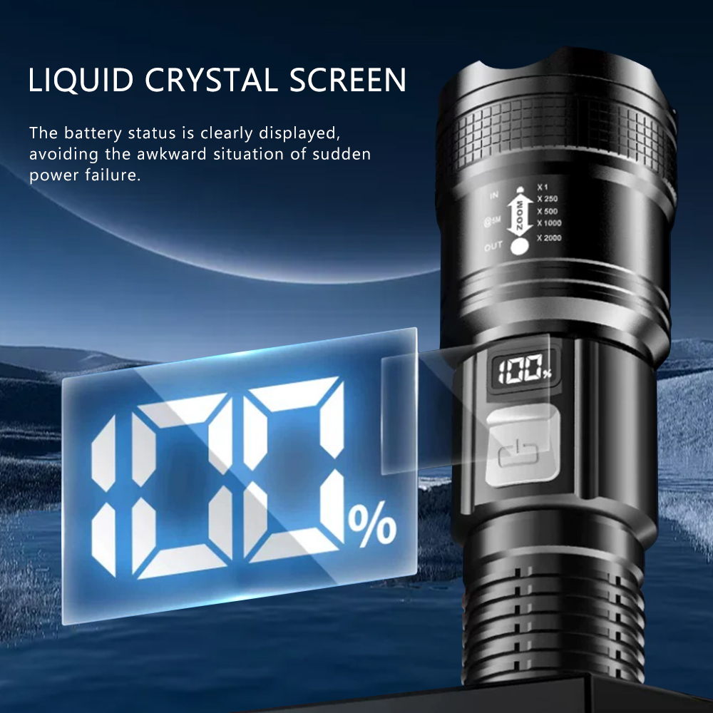 Linterna de potencia ultraalta, pantalla electrónica Digital, resistente al agua, con Zoom, luz de mano, linterna para acampar al aire libre
