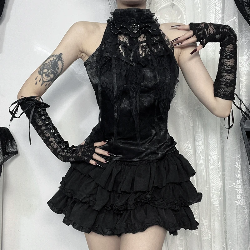 Goth Crossพิมพ์ลูกไม้Bodycon Crop Tops Camisเซ็กซี่Y2KความงามสีดําสีแดงBasic Corset Tank Topเสื้อผ้าฤดูร้อนสําหรับผู้หญิงหญิง