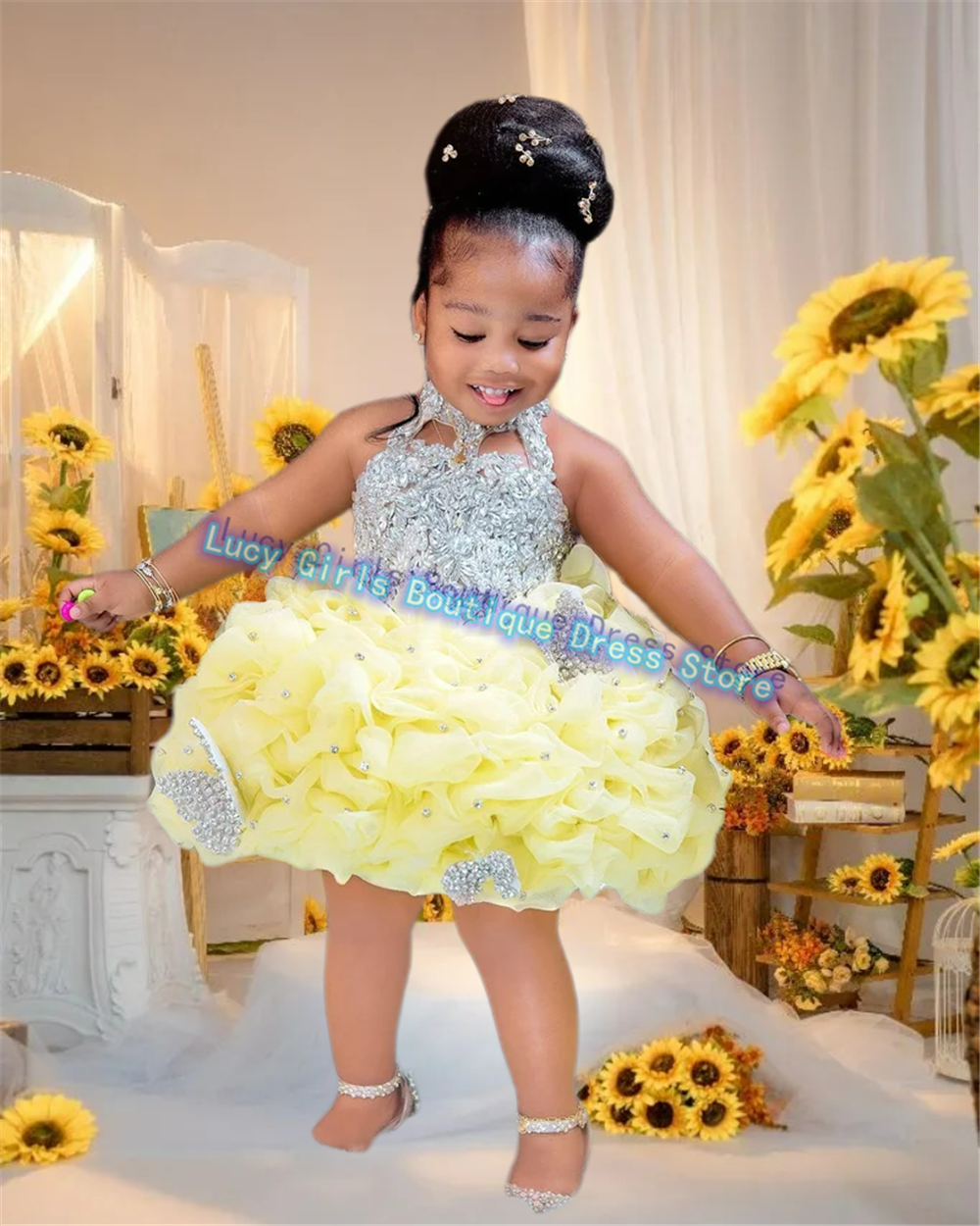 Mooie mouwloze bloemenmeisjesjurk voor bruiloft bal kristallen parels ruches prinsesje meisje verjaardagsfeestje avondjurken