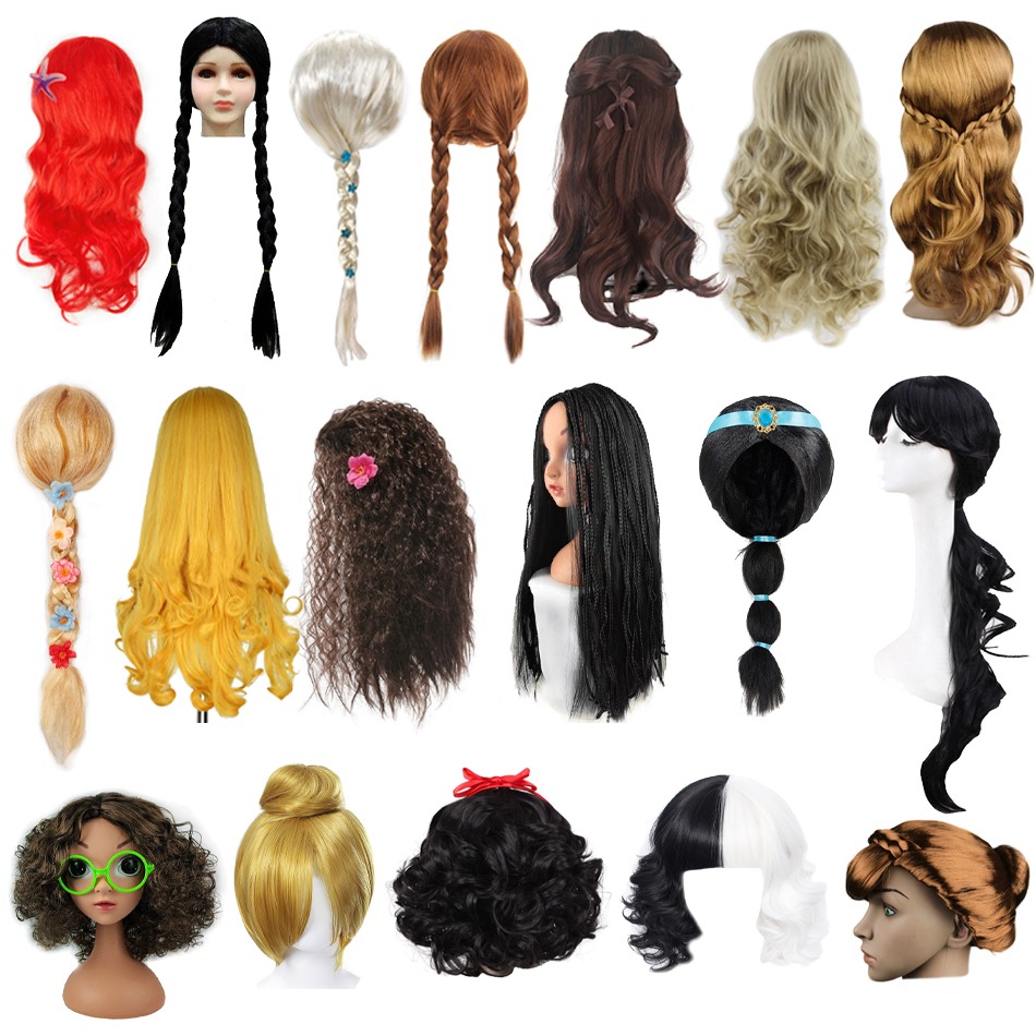 สาวเจ้าหญิง Elsa Anna วิกผมเด็กปาร์ตี้ฮาโลวีน Carnival ปลอมตัว Belle วันพุธ Mermaid Rapunzel Aurora Snow White Ariel ผม