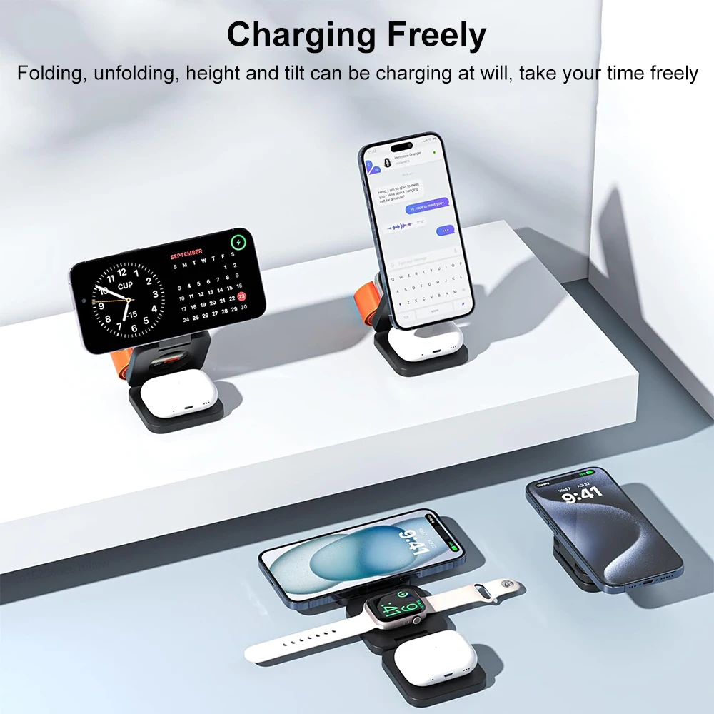 ワイヤレス充電器 3 in 1 折りたたみ式磁気ワイヤレス充電ステーション iPhone 15 14 13 12 Pro Max Apple Watch 8 9 充電器用