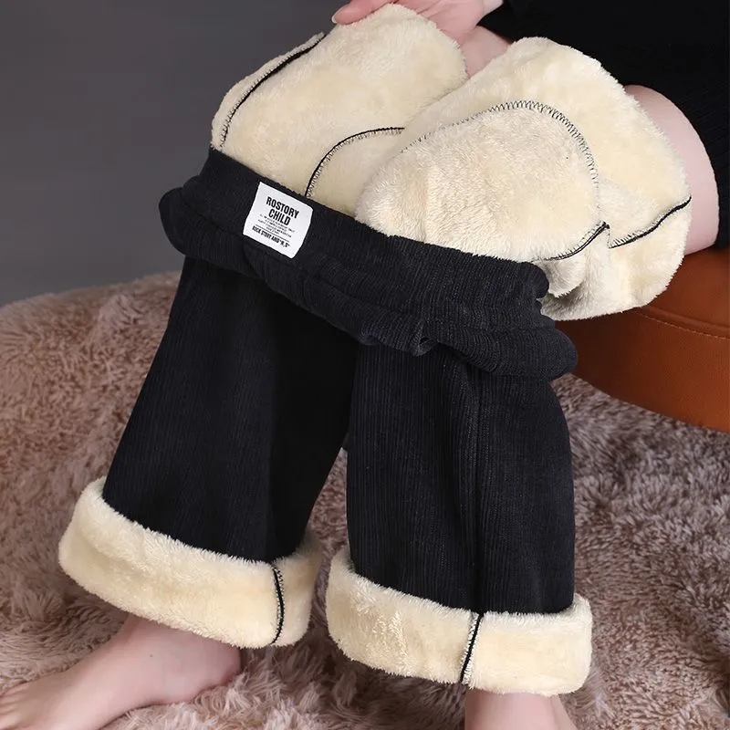 Winter Fleece Lined Wide Leg Pants Casual Thicken Warm Baggy Sweatpants Women High Waist Korean Lamb Fluff Straight Pantalones