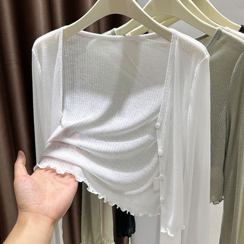 Cardigan F Plus Size de Seda Gelada Fina com Proteção Solar, Manga Curta, Estilo Csa Externa com Borda Efeito Madei...