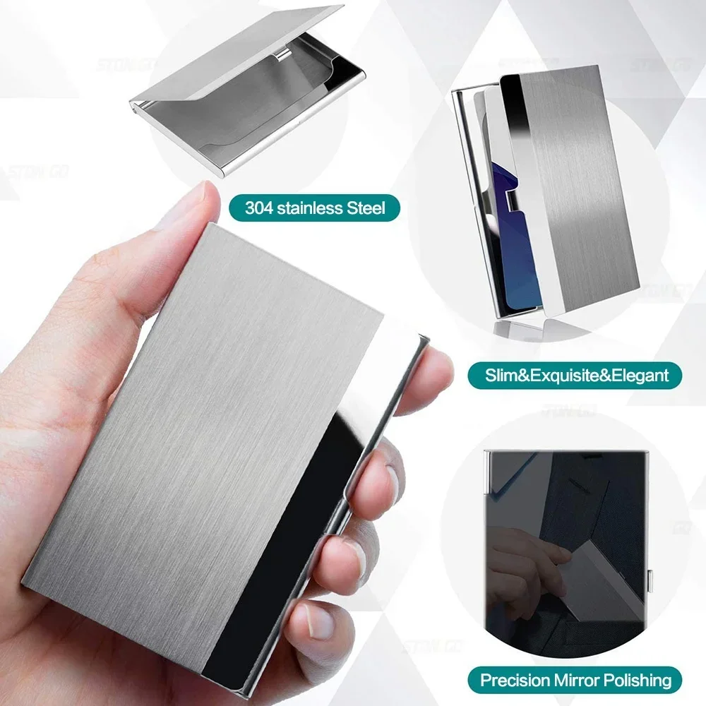 Porta biglietti da visita premium ultra sottile in acciaio inossidabile - Custodia tascabile in metallo argentato per uomo e donna Portafoglio dal design semplice