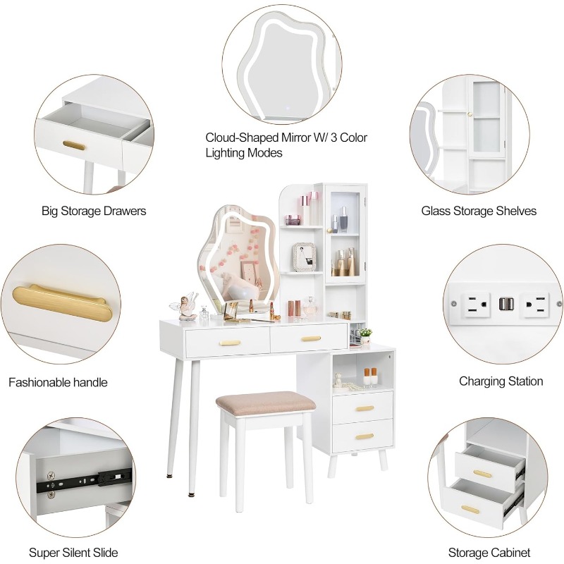 Vanity with Lighted Mirror Vanity Desk with Mirror and Lights Girls Vanity with Power Outlet Stool Drawers Shelves Charging