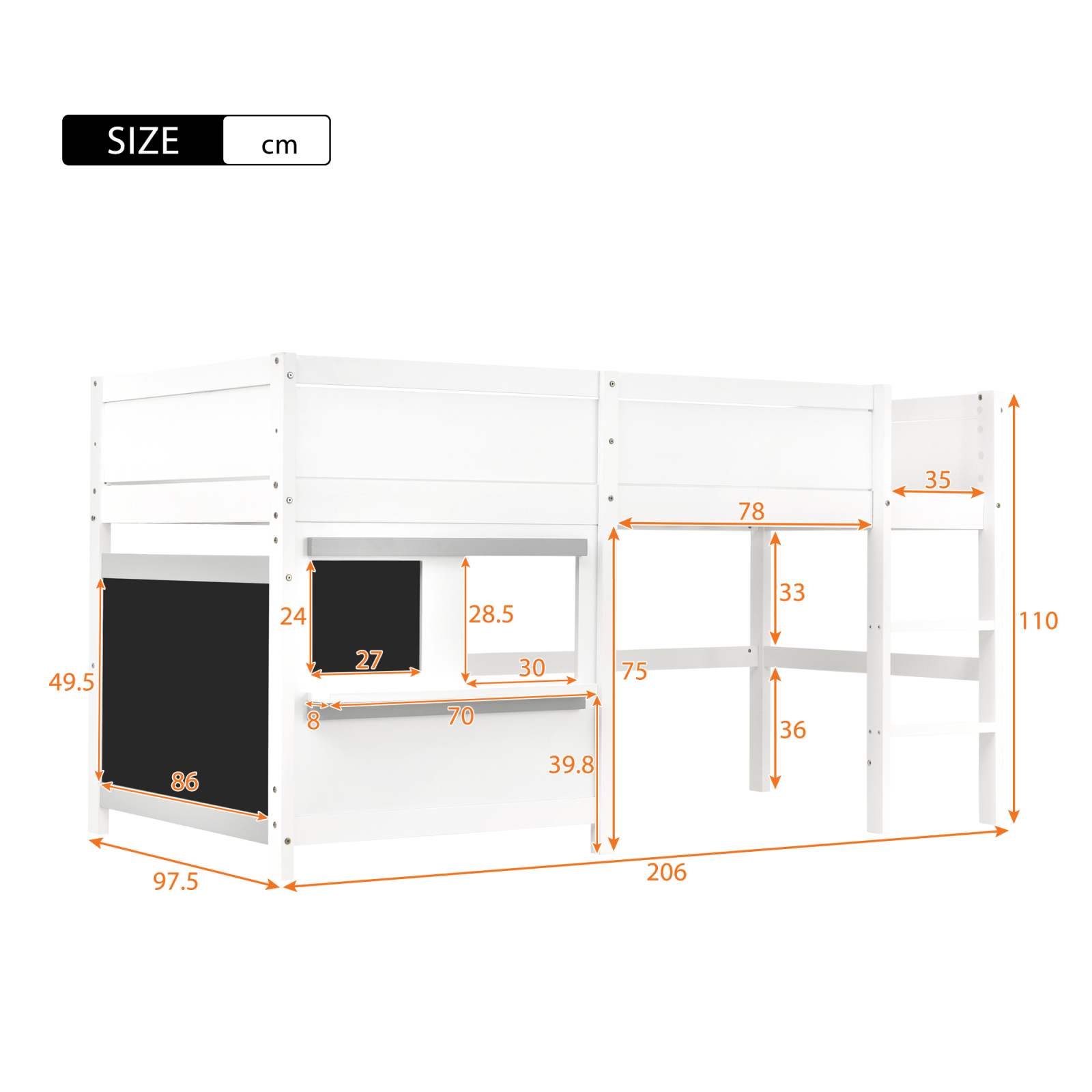 Lit maison, lit superposé, lit enfant, lit de jeu multifonctionnel avec deux planches Graffiti, avec petite étagère, 90x200cm, blanc