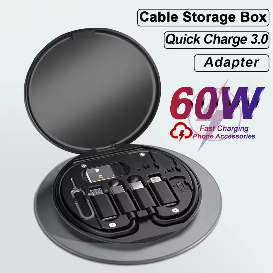 PD 60W Multifunctional USB Type C Data Cable Set Fast Charging For iPhone Xiaomi Samsung Charger Adapter Pin Storage Travel Box
