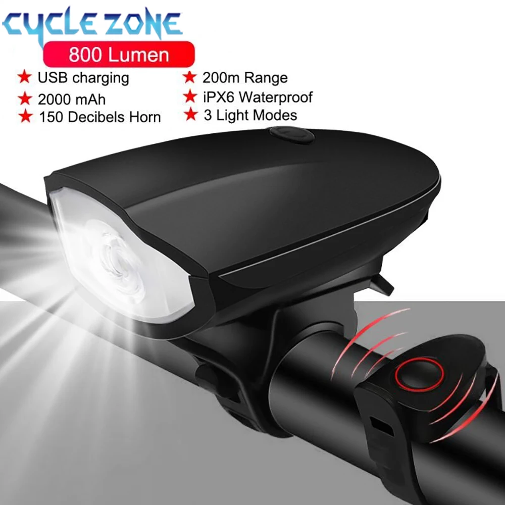 Luce per bicicletta nera USB Led impermeabile con corno Mountain Bike notte scura faro da equitazione all'aperto