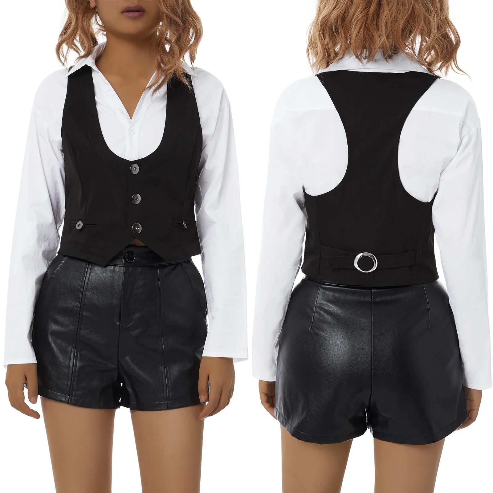 Combhasaki Y2K Vintage Damen Einfarbig Unregelmäßiger Saum Crop Weste Button-Down U-förmiger Hals Ästhetische Grunge Weste Tops