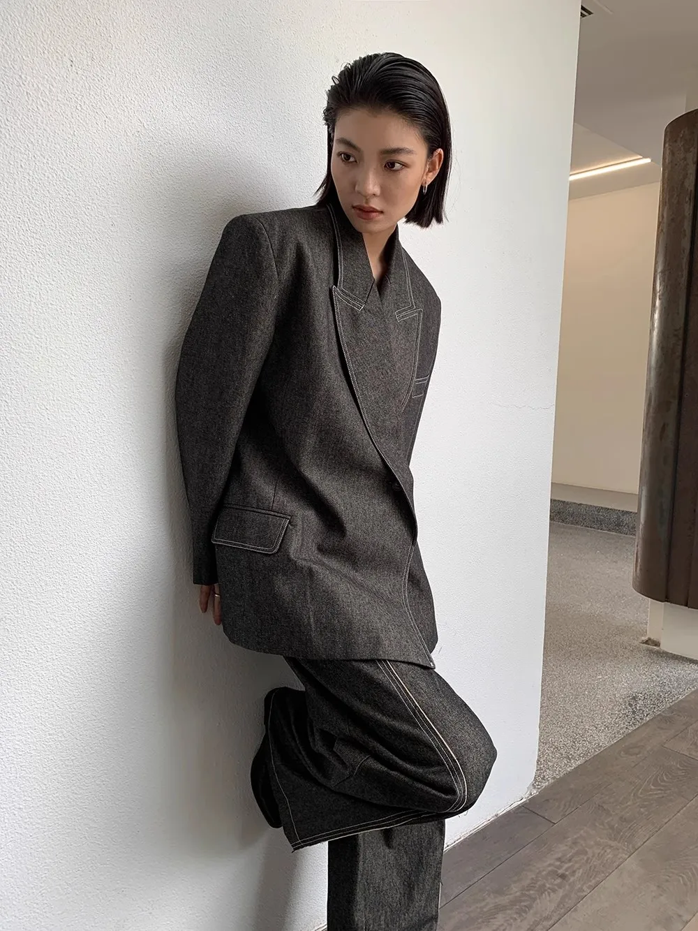 2 ชิ้น Patchwork ปุ่ม Chic ชุดผู้หญิงแขนยาว DENIM Temperament Designer เสื้อแจ็คเก็ตหญิงชุดใหม่