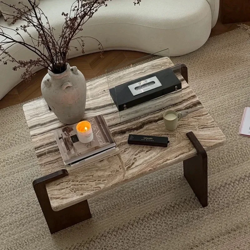 Mesa de centro de travertino vintage francesa-mesa de chá de pedra natural wabi-sabi com paleta de creme para sala de estar de meados do século e decoração zen
