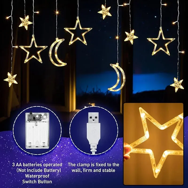 USB LED Star Moon Lamp Battery Powered Twinkle Curtain Lights Bedroom Atmosphere Light String For Christmas Wedding Party Decor