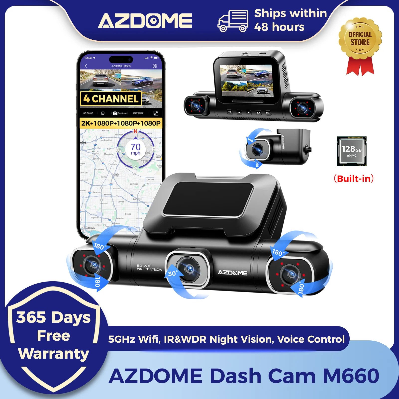 AZDOME Dash Cam M660 2K + 3*1080P 4CH coche DVR GPS 5G Wifi incorporado 128GB eMMC Control de voz 24H Monitor de estacionamiento súper visión nocturna