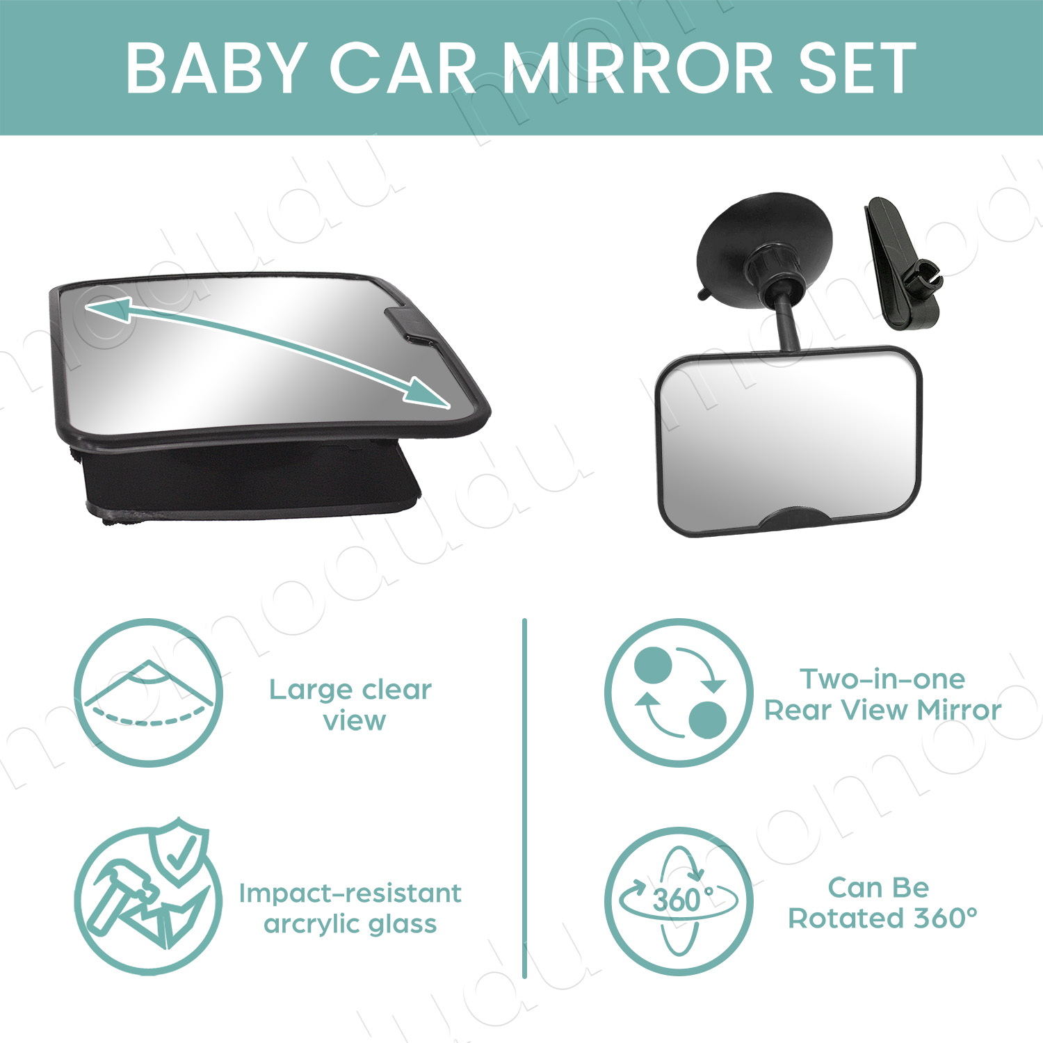 O conjunto de espelho para carro de bebê inclui espelho tipo clip-on ou ventosa e 360 °   Espelho giratório grande angular e inquebrável universal