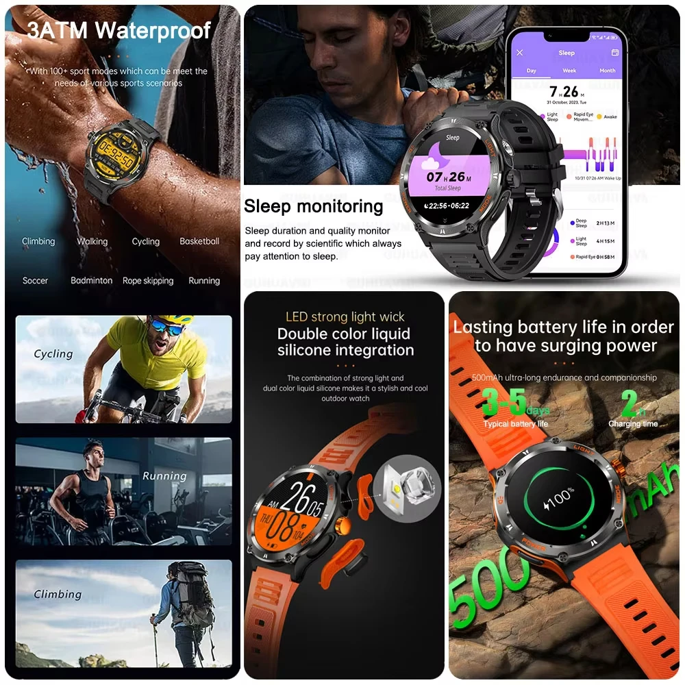 男性用の頑丈なミリタリースマートウォッチ,GPS,Bluetooth通話,500mAh, 3気圧,防水,屋外,Huawei, Xiaomi,2022