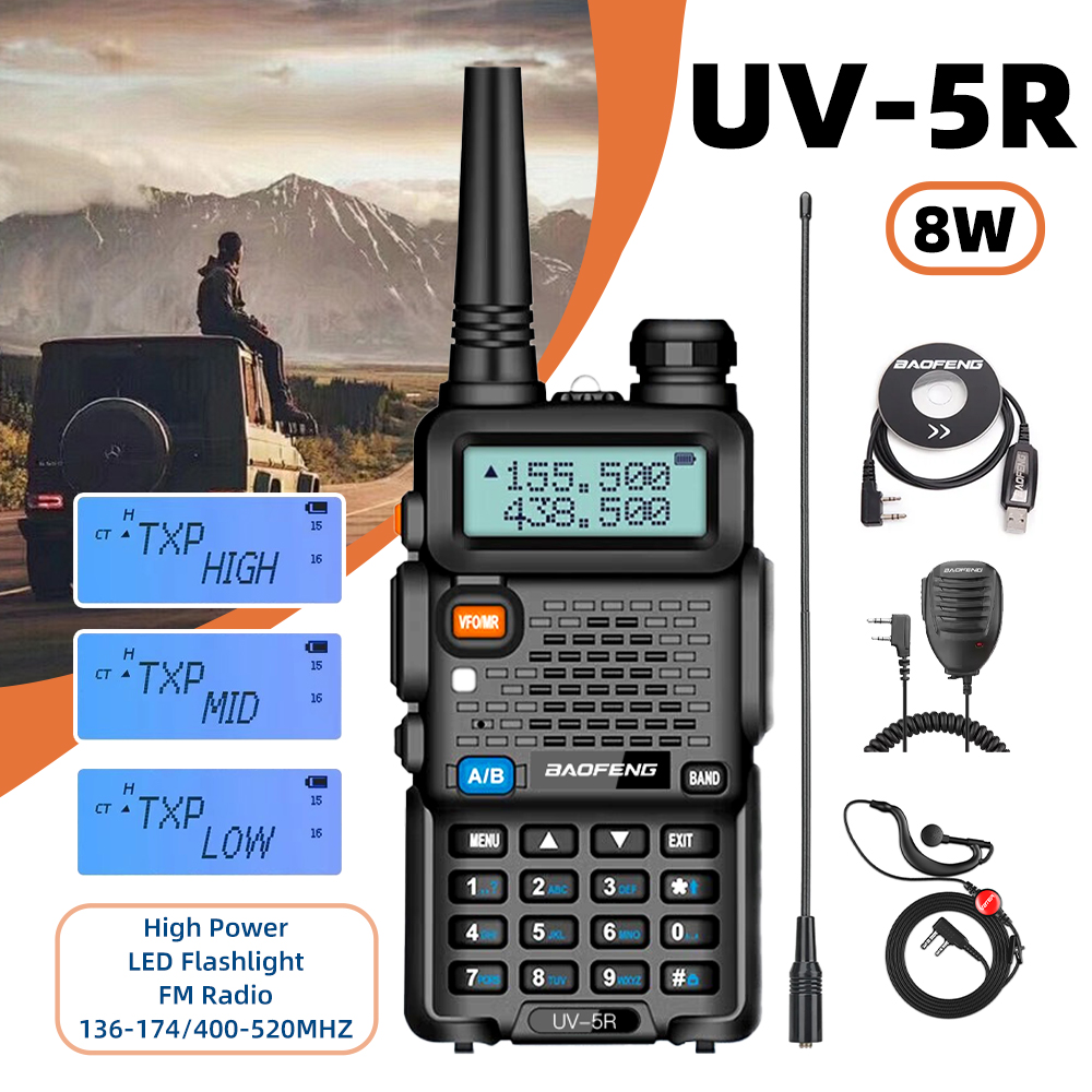 UV-5R de alta potencia 5W/8W Baofeng Walkie Talkie banda Dual VHF UHF FM largo alcance 128CH 1800mAh Radios bidireccionales portátiles de mano