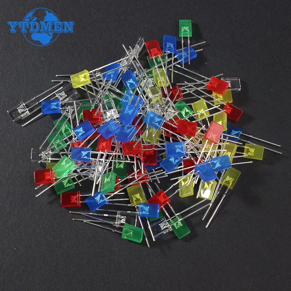 100 ชิ้น/ล็อตสแควร์ 2*5*7 มม.LED ไดโอด 2X5X7 มม.5 สีสีแดงสีเหลืองสีเขียวสีฟ้าสีขาว LED Light-emitting Diode Kit สําหรับ DIY อิเล็กทรอนิกส์