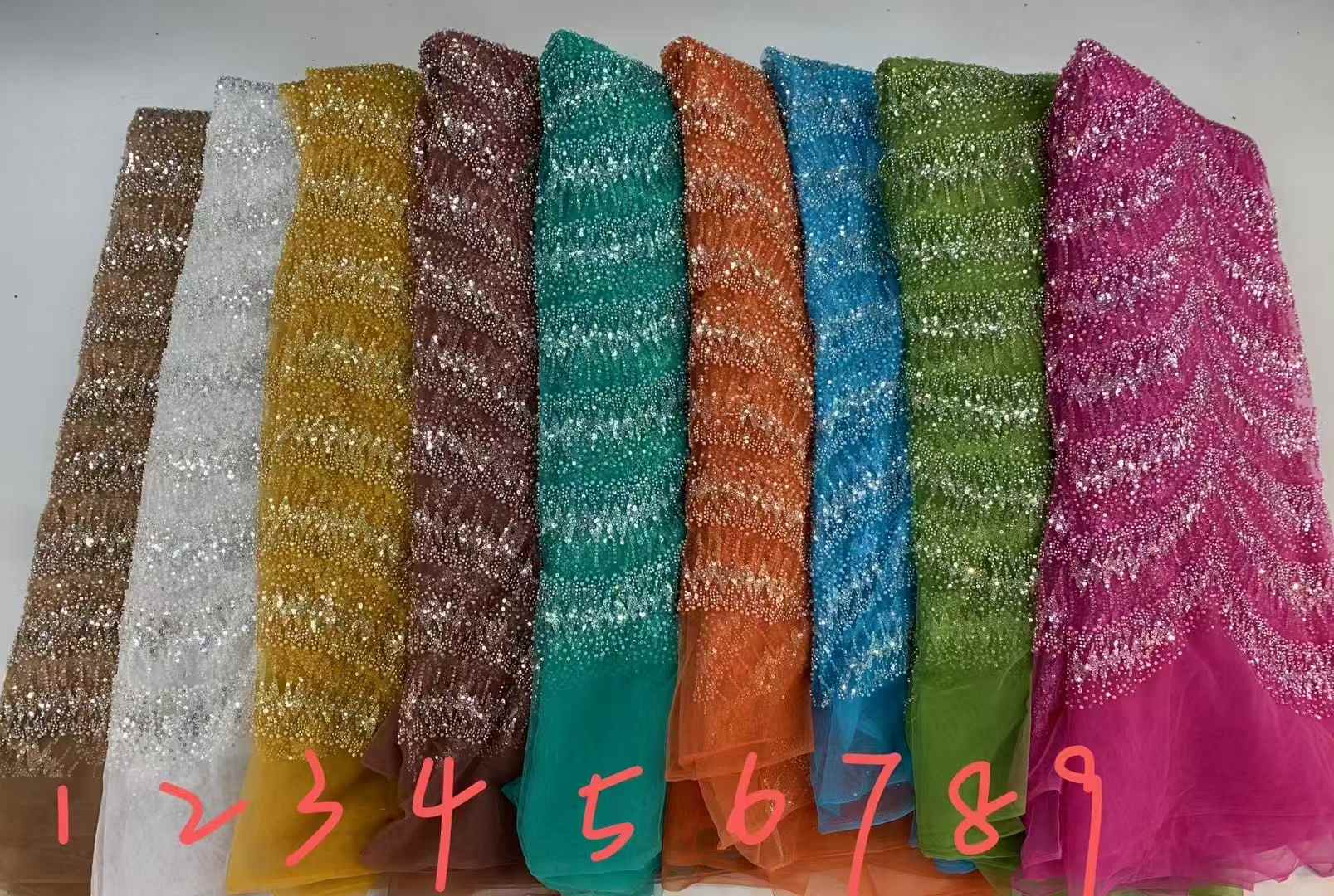 ผ้าลูกไม้ปักเลื่อมงานแฮนด์เมดสุดหรู5หลาผ้าลูกไม้ตาข่ายโปร่งฝรั่งเศสสำหรับชุดแต่งงาน