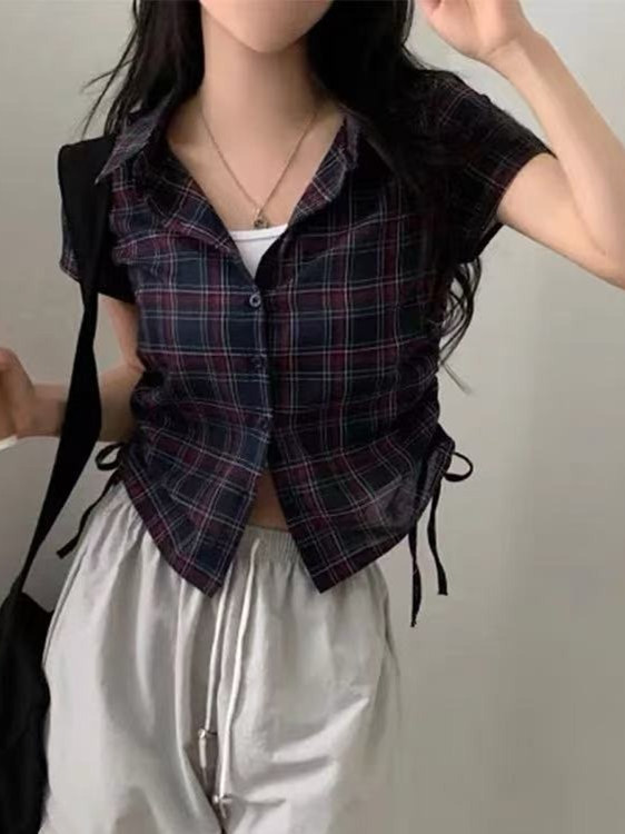 Csa Fena Estilo Vintage Chic de Verão com Gola , Botões Laterais, Design Franzido, Manga Curta, Estampa Xadrez, Aj...