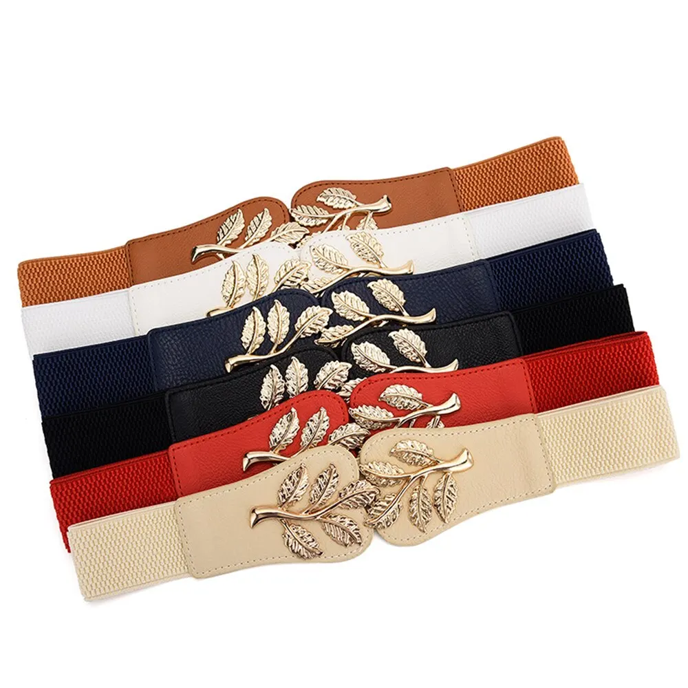 Funda de cintura para mujer, cierre de cintura elástico de hoja dorada a la moda con hebilla de doble gancho, cinturón ancho combinado con falda, cinturón para mujer