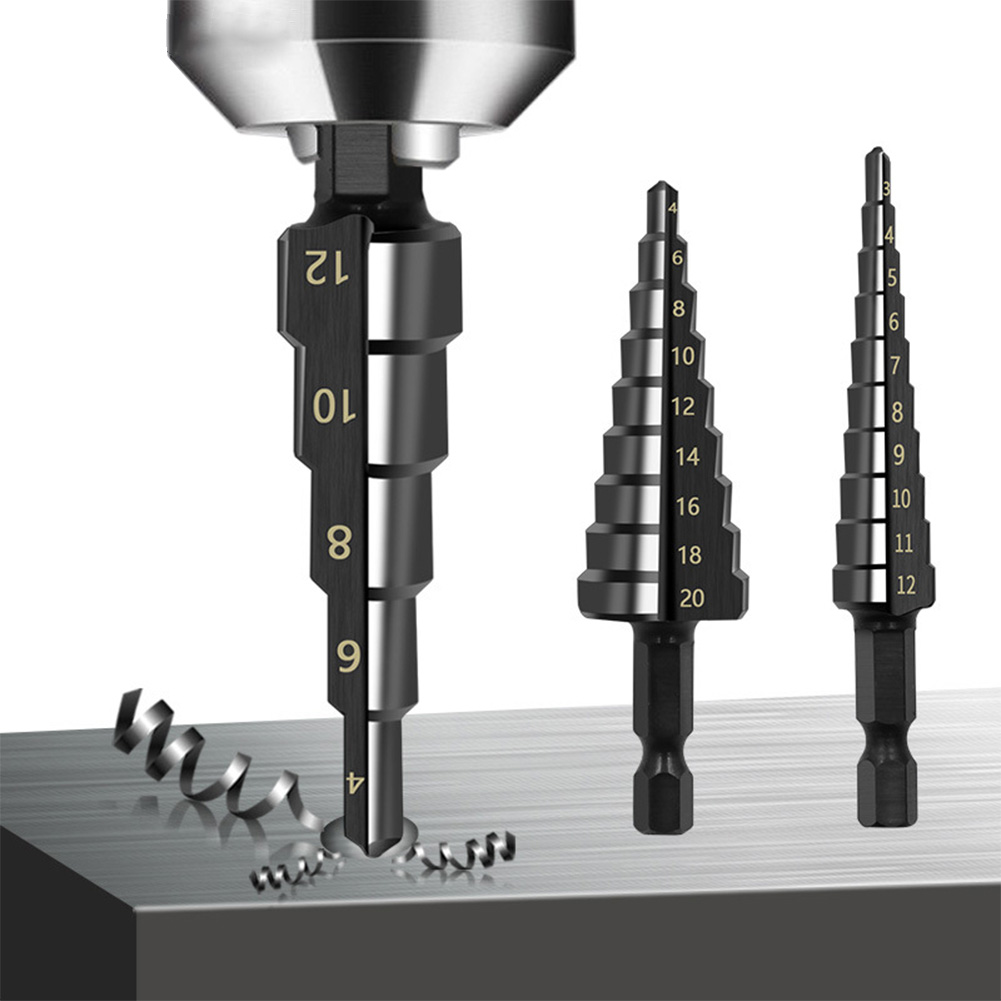 1pc Step Drill Bit Set HSS Steel Nitrogen Coated Spiral Grooved Drill Bits 3-12 4-12 4-20mm Hole Cutter Cone Fast Drill Bit